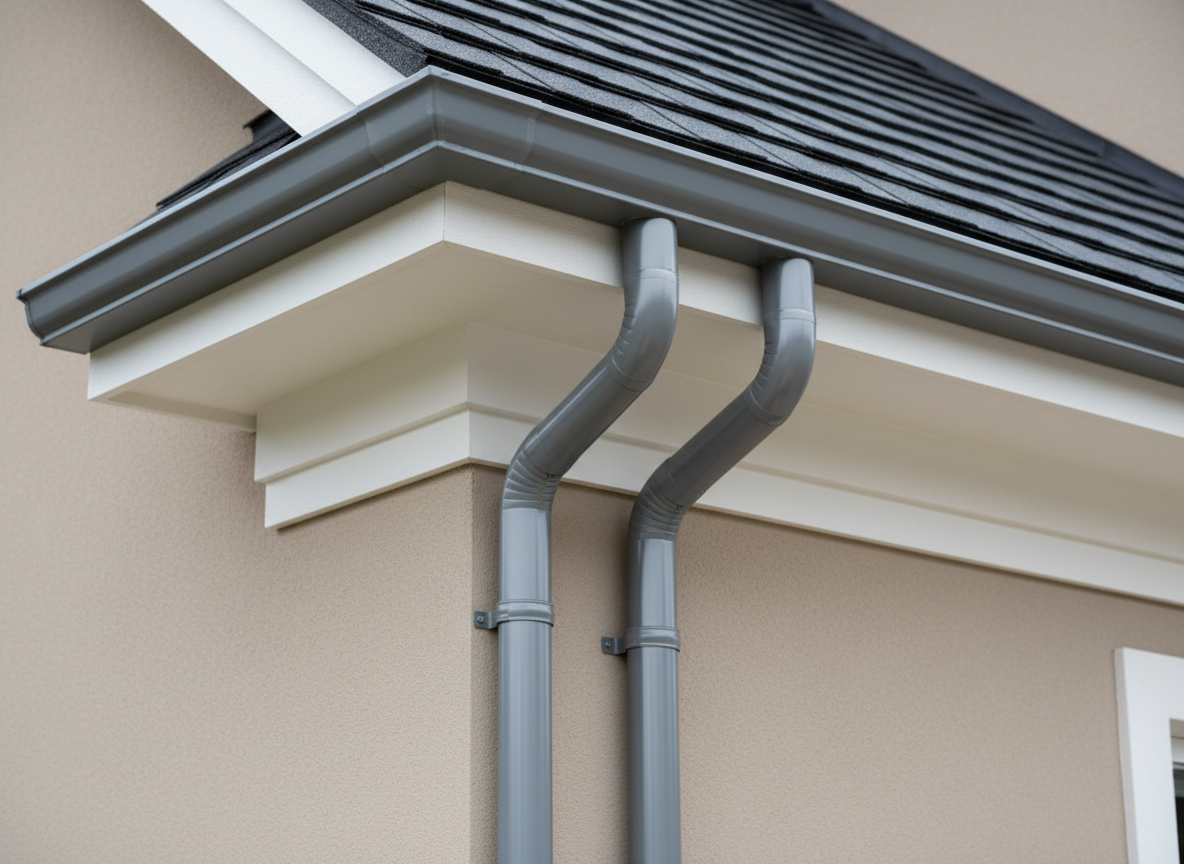 A shining, freshly cleaned gutter system in neutral metallic tones, mounted against a beige, pressure-washed home exterior. The gutter curves precisely along the roofline, free of debris or stains, with downspouts leading neatly to the trim-lined base of the house. A pristine section of roof is visible above, reinforcing the company’s expertise. Subtle northern daylight creates a soft, shadow-free surface that accentuates the crisp architecture. The composition is tightly framed and shot from a moderate upward angle, focusing on structural detail and balanced geometry. The mood is dependable and methodical, rendered in photographic realism for a modern business website.