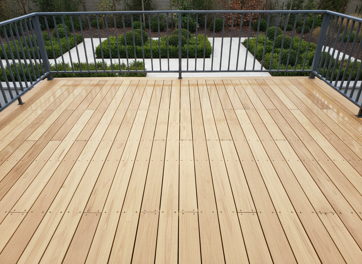A spotless, pressure-washed wooden deck made from light, honey-toned timber, the natural wood grain clearly visible and free from dirt or mildew. The deck boards are arranged in perfect parallel lines, bordered by a solid, slate-gray railing. Surrounding the deck is a tidy, minimalist backyard with subtle, ornamental shrubs and a crisp stone path. Overcast ambient lighting provides a soft, even illumination, minimizing harsh contrasts and creating a tranquil, composed atmosphere. Captured from an eye-level perspective with wide angle, the image emphasizes clean lines and the expansive, usable space. The aesthetic is structured and corporate, emphasizing reliability and professionalism.
