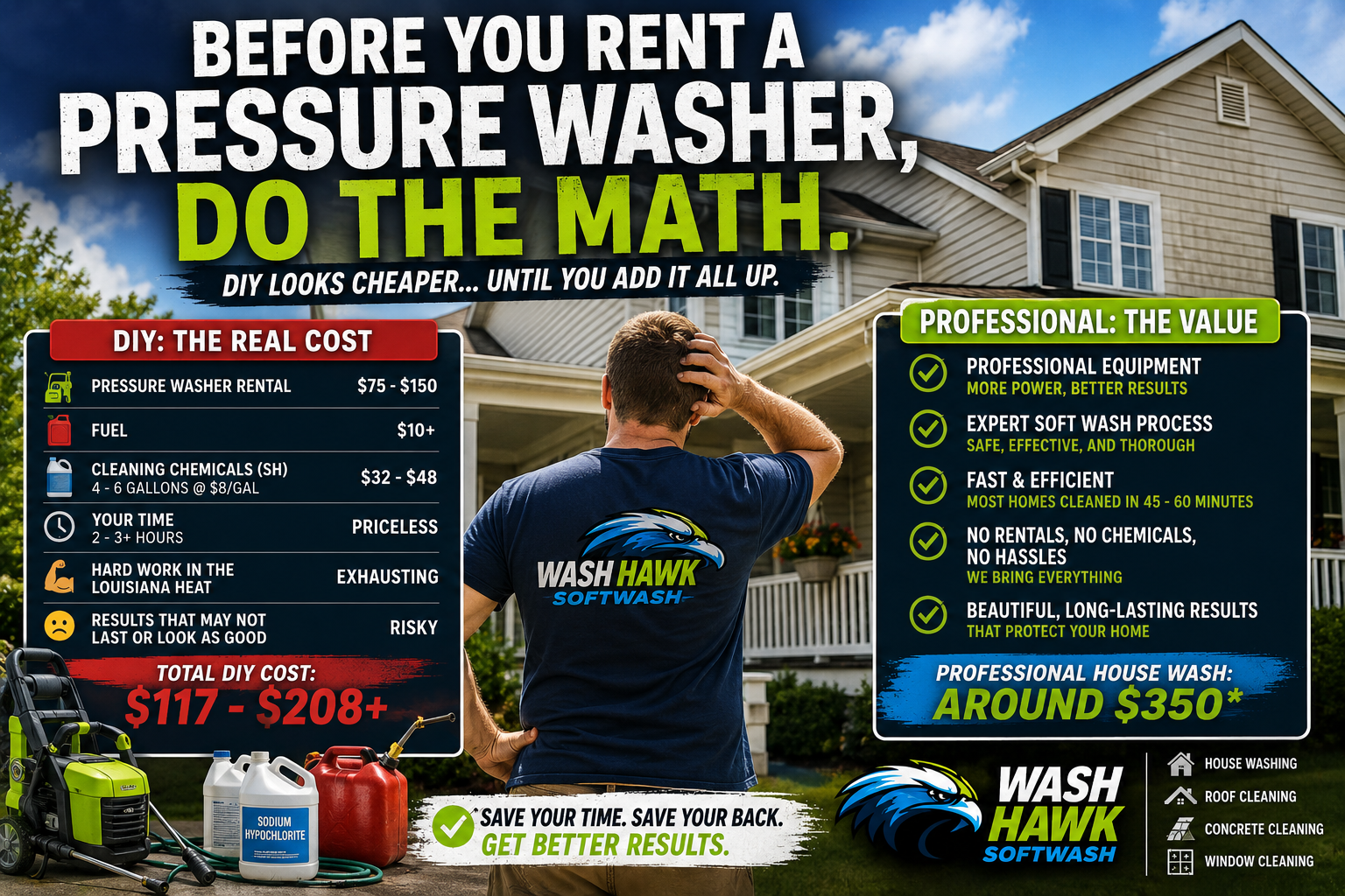 Before You Rent a Pressure Washer, Do the Math | House Washing Cost in Louisiana